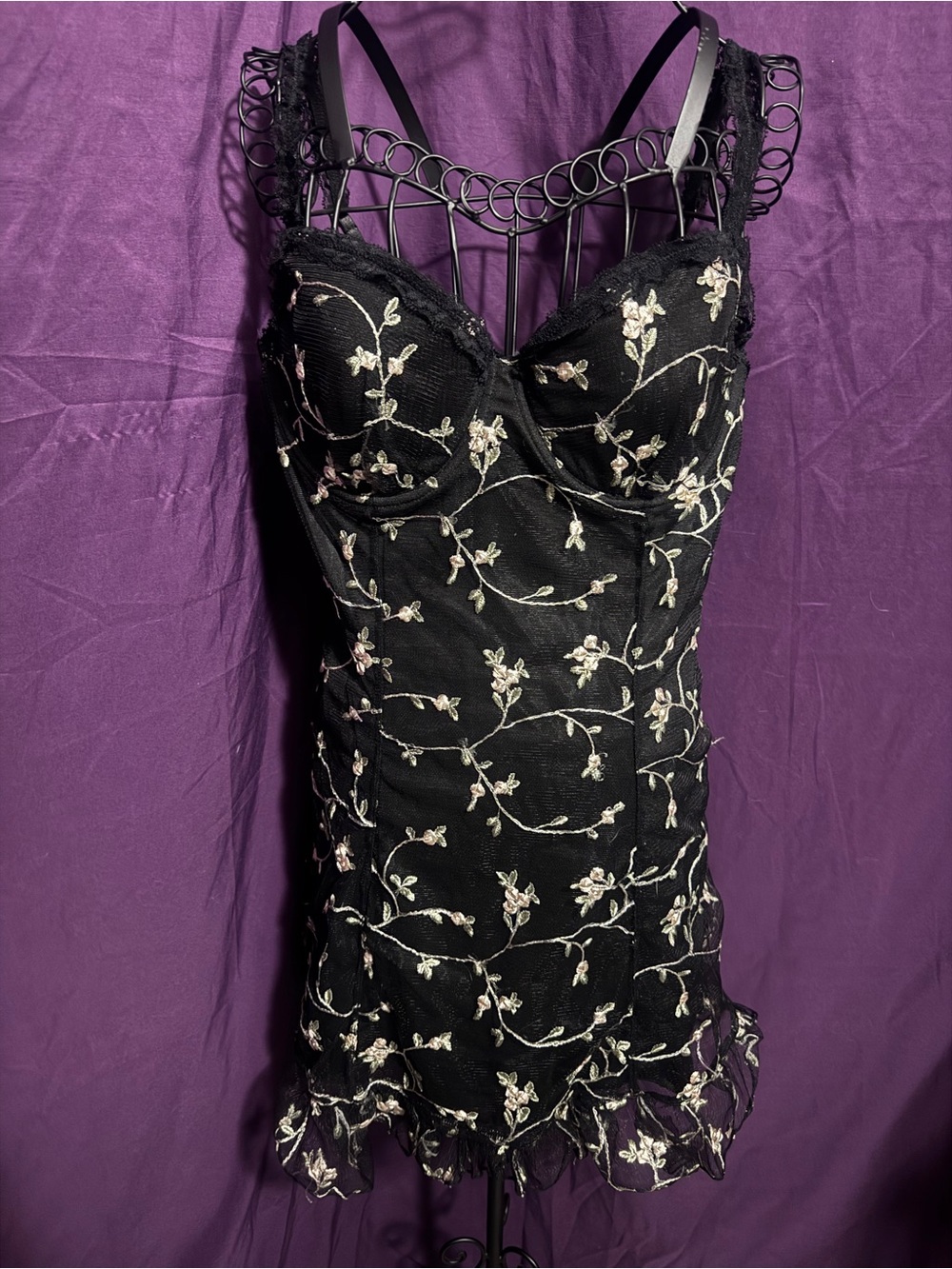Dolls Kill Black Mini Dress with Cream Floral Embroidery